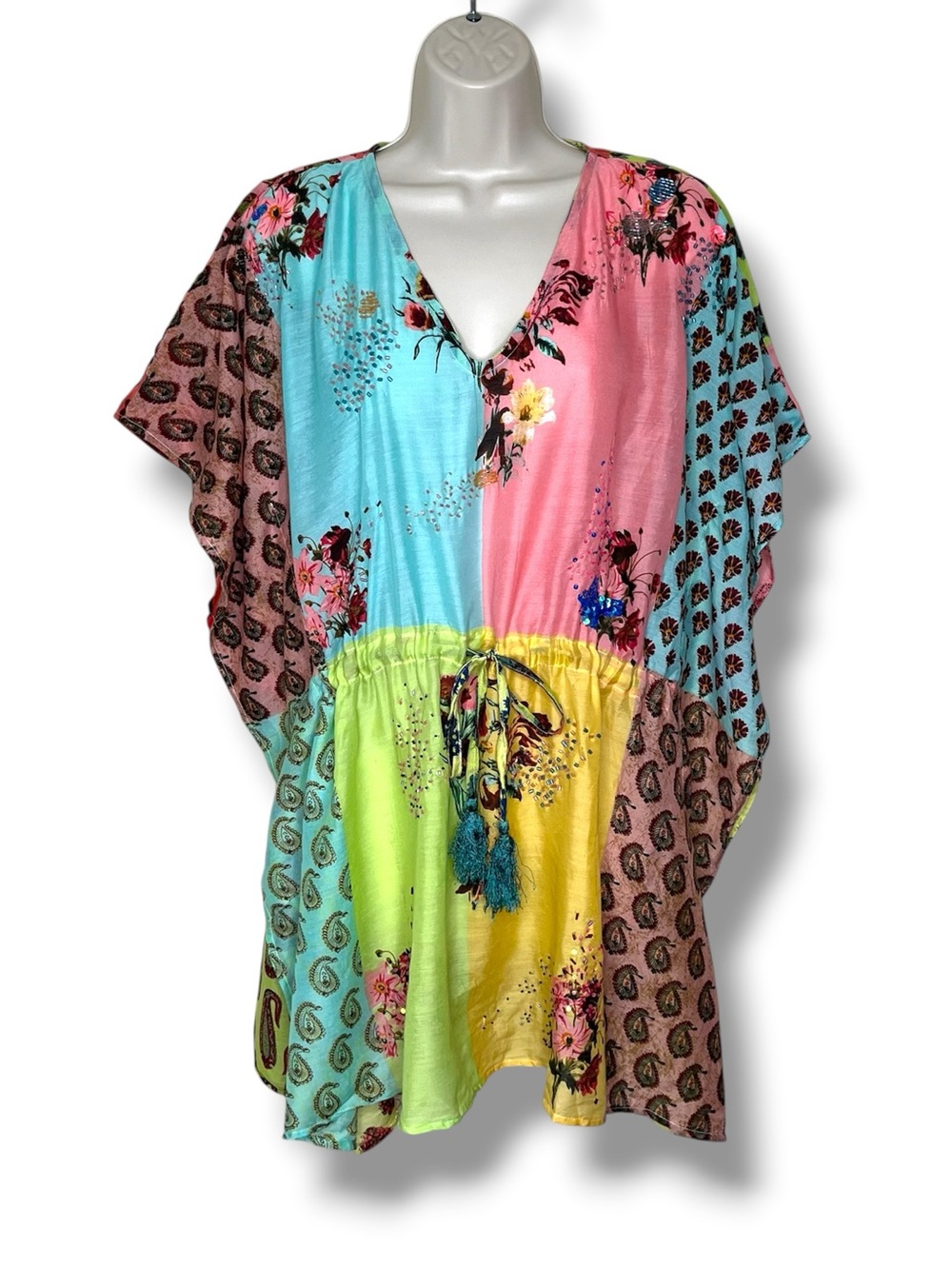 Rise & Bloom Boho Patchwork Cover-Up Floral Paisley Tassel Tie V Neck Small FLAW
